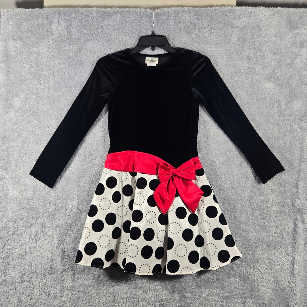 Rare Editions Girls Black Velvet Polka Dot Party Dress Red Bow Size 12 H446770